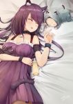  1girl 1other absurdres ambiguous_gender animal_ears arknights baby baby_bottle bottle cat_ears cat_tail chinese_commentary commentary_request covered_nipples dress highres melantha_(arknights) milk mother_and_child panties purple_dress purple_hair see-through_silhouette sleeping tail underwear ygxdl 