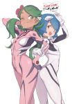  2girls :3 ayanami_rei ayanami_rei_(cosplay) blue_eyes blue_hair copyright_name cosplay covered_navel green_eyes green_hair makinami_mari_illustrious makinami_mari_illustrious_(cosplay) mao_(pokemon) multiple_girls neon_genesis_evangelion one_eye_closed plugsuit pokemon pokemon_(game) pokemon_sm rebuild_of_evangelion short_hair simple_background smile suiren_(pokemon) toku_(ke7416613) twintails white_background 