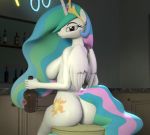  3d_(artwork) anthro big_breasts bottle breasts butt camchao crown digital_media_(artwork) equid female friendship_is_magic horn looking_at_viewer looking_back mammal my_little_pony nipples nude princess_celestia_(mlp) rear_view royalty solo winged_unicorn wings 