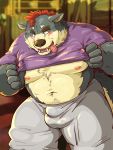  2020 anthro balls_outline belly blush bottomwear bulge canid canine canis clothed clothing genital_outline hi_res kemono male mammal moobs navel nipples open_shirt overweight overweight_male pants penis_outline raichoclub shirt solo tongue tongue_out topwear wolf 