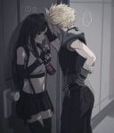  ... 1boy 1girl ? against_door bandaged_arm bandages black_hair black_legwear black_skirt blonde_hair blush breasts cloud_strife elbow_gloves final_fantasy final_fantasy_vii final_fantasy_vii_remake fingerless_gloves gloves hand_on_hip height_difference highres humiyooo large_breasts long_hair low-tied_long_hair midriff pleated_skirt red_eyes single_pauldron single_vambrace skirt spoken_ellipsis spoken_question_mark sports_bra suspender_skirt suspenders thighhighs tifa_lockhart zettai_ryouiki 