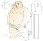  2020 anthro balls belly blush canid canine flaccid genitals humanoid_hands inunoshippo japanese_text kemono male mammal moobs navel nipples overweight overweight_male penis solo text towel 