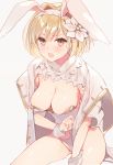  1girl animal_ears bangs blonde_hair blush breasts bunny_ears cape cleavage djeeta_(granblue_fantasy) fake_animal_ears flower granblue_fantasy hair_flower hair_ornament hairband large_breasts leotard looking_at_viewer open_mouth p_(p25234112) sage_(granblue_fantasy) short_hair simple_background sitting solo sweat thighs white_background white_cape white_leotard wrist_cuffs yellow_eyes 