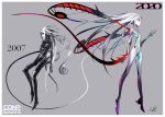 1girl absurdres artist_progress border chromatic_aberration commentary_request comparison facial_mark forehead_mark grey_background highres long_hair looking_at_viewer original palow plantar_flexion red_eyes signature tail very_long_hair white_border white_hair white_skin 