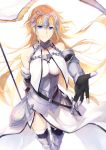  1girl absurdres arm_behind_back armor armored_boots armored_dress black_gloves black_legwear blonde_hair blue_eyes boots breasts breasts_apart chains detached_sleeves dress fate/apocrypha fate_(series) floating_hair fur-trimmed_legwear fur_trim gloves highres jeanne_d&#039;arc_(fate) jeanne_d&#039;arc_(fate)_(all) large_breasts long_hair looking_at_viewer simple_background smile solo sukuya_(suxuya) thighhighs very_long_hair white_background white_dress 