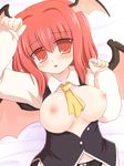  breasts fang head_wings koakuma large_breasts long_hair red_eyes red_hair ry solo touhou unbuttoned wings 