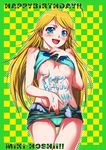  blonde_hair breasts happy_birthday hoshii_miki idolmaster idolmaster_(classic) idolmaster_1 kantaka long_hair medium_breasts panties shirt_lift solo underboob underwear 