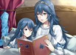  2girls :d a_meno0 bed_sheet blue_bow blue_eyes blue_hair book bow christmas diadem dress fire_emblem fire_emblem:_kakusei holding holding_book long_hair long_sleeves lucina multiple_girls nintendo open_book open_mouth pillow siblings sisters smile under_covers white_dress 