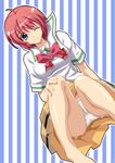  ;) ahoge blue_eyes blush bow hand_on_own_knee hibikino_high_school_uniform hinomoto_hikari looking_at_viewer mole mole_under_eye one_eye_closed panties pink_bow red_hair school_uniform serafuku shiruko short_hair short_sleeves smile solo striped striped_background tokimeki_memorial tokimeki_memorial_2 underwear vertical-striped_background vertical_stripes white_panties 