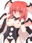  black_panties blush breasts fang head_wings koakuma large_breasts navel nipples open_mouth panties red_eyes red_hair ry solo tail touhou underwear 