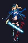  1girl absurdres ahoge artoria_pendragon_(all) black_background black_hat black_legwear black_shorts blonde_hair blue_eyes blue_jacket breasts cleavage cleavage_cutout dark_excalibur dual_wielding excalibur fate/grand_order fate_(series) floating_hair full_body hair_between_eyes hat high_heels highres holding holding_sword holding_weapon jacket jacket_removed long_hair looking_at_viewer midriff mysterious_heroine_x navel open_clothes open_fly open_shorts peaked_cap ponytail short_shorts shorts simple_background small_breasts smile solo standing stomach sword thighhighs weapon zhao_shixuan 