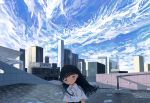  1girl bangs black_hair blue_eyes blue_sky blush building city cityscape cloud cloudy_sky collared_shirt day glowing half-closed_eyes head_tilt highres jewelry long_hair necklace no_nose original outdoors scenery shirt sizucomaru sky solo swept_bangs white_shirt 