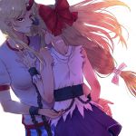  2girls arms_up belt blonde_hair blue_skirt bow breasts bright_pupils chain commentary cuffs dutch_angle floating_hair from_behind hair_bow hand_on_another&#039;s_chest highres horn horns hoshiguma_yuugi ibuki_suika large_breasts long_hair looking_at_viewer low-tied_long_hair mito_(mo96g) multiple_girls parted_lips pointy_ears red_eyes scar shackles shirt short_sleeves sidelocks simple_background skirt sleeveless sleeveless_shirt standing star torn_clothes torn_shirt touhou very_long_hair white_background white_pupils white_shirt yuri 
