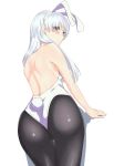  absurdres anastasia_(fate/grand_order) animal_ears ass back black_legwear blue_eyes blush bunny_ears bunny_tail bunnysuit commentary_request fate/grand_order fate_(series) from_behind hair_over_one_eye highres long_hair looking_at_viewer pantyhose silver_hair simple_background tail white_background 