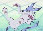  2017 4_toes aledonrex ambiguous_gender black_nose blue_body blue_fur blue_markings curled_tail dewclaw digimon digimon_(species) feathers feral fur garurumon grey_pawpads head_markings looking_at_viewer lying markings pawpads sharp_teeth signature smile solo teeth toes 