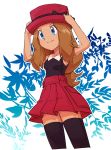  1girl black_legwear blue_eyes breasts brown_hair closed_mouth hat highres long_hair nyonn24 pokemon pokemon_(game) pokemon_xy serena_(pokemon) skirt sleeveless smile solo thighhighs 