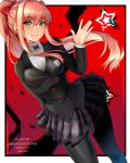  1girl artist_name bangs black_jacket black_legwear bow breasts brown_hair cleavage commentary cosplay covered_collarbone doki_doki_literature_club english_commentary eyebrows_visible_through_hair green_eyes hair_between_eyes hair_bow hand_up highres jacket long_hair long_sleeves looking_at_viewer monika_(doki_doki_literature_club) newmoonshira pantyhose persona persona_5 persona_5_the_royal plaid plaid_skirt pleated_skirt ponytail red_bow shuujin_academy_uniform sidelocks skirt smile solo star very_long_hair yoshizawa_kasumi yoshizawa_kasumi_(cosplay) 