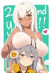  2girls anniversary breasts breasts_apart dark_skin emoticon girls_frontline highres kion-kun large_breasts m200_(girls_frontline) m500_(girls_frontline) multiple_girls ok_sign one_eye_closed smile v 