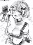  1girl :d bat_hair_ornament blush breasts choker claw_pose cleavage copyright_request fang fingerless_gloves gloves greyscale hair_ornament hairclip hand_up highres large_breasts looking_at_viewer monochrome nanashi_(nlo74593630) navel nipple_slip nipples open_mouth short_hair skin_fang smile solo upper_body 