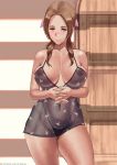  1girl aerith_gainsborough areolae babydoll black_panties blush bow breasts brown_hair cleavage final_fantasy final_fantasy_vii final_fantasy_vii_remake forehead green_eyes hair_bow highleg highleg_panties large_breasts lingerie long_hair looking_at_viewer nipples panties pink_bow sagging_breasts skindentation solo spaghetti_strap standing steepled_fingers thick_thighs thighs underwear underwear_only zefrableu 
