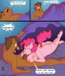  absurd_res anthro bed beowulf100 big_breasts big_butt breasts butt comic dialogue duo english_text equid equine fellatio female friendship_is_magic furniture genitals hi_res horn horse lying male male/female mammal my_little_pony nude on_front oral penile penis pinkie_pie_(mlp) pony sex text unicorn 