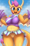  absurd_res an-tonio anthro big_breasts bottomwear breasts cheerleader clothing dragon female friendship_is_magic genitals hi_res my_little_pony no_underwear pom_poms pussy skirt smolder_(mlp) solo 