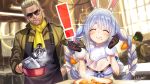  ! 1boy 1girl animal_ears apron ascot blonde_hair blue_hair blush braid breasts bunny_ears bunny_girl carrot_hair_ornament curry eating food food_themed_hair_ornament hair_ornament hikosan20216917 hololive hololive_fantasy indoors kazuhira_miller long_hair medium_breasts metal_gear_(series) metal_gear_solid metal_gear_solid_peace_walker military military_uniform shiny shiny_hair shiny_skin smile standing sunglasses twin_braids uniform usada_pekora virtual_youtuber 