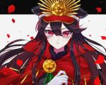  1girl bangs black_border black_hair black_headwear black_jacket border breasts chain closed_mouth family_crest fate/grand_order fate_(series) gloves hat jacket kanon_(ikamiso) koha-ace letterboxed long_hair long_sleeves looking_at_viewer medallion oda_nobunaga_(fate) oda_nobunaga_(fate)_(all) oda_uri peaked_cap petals popped_collar red_eyes solo white_background white_gloves 