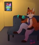  anthro bottomwear bulge canid canine clothing disney fox fur furniture hi_res jellly male mammal necktie nick_wilde orange_body orange_fur pants sofa solo weights zootopia 