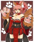  1girl absurdres animal_ear_fluff animal_ears bell bell_collar breasts cat_paws cleavage collar demonx20 fang fate/grand_order fate_(series) fox_ears fox_girl fox_tail gloves hair_ribbon highres japanese_clothes jingle_bell kimono large_breasts long_hair looking_at_viewer paw_gloves paws pink_hair ponytail red_kimono red_ribbon ribbon solo tail tamamo_(fate)_(all) tamamo_cat_(fate) yellow_eyes 