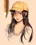  1girl artist_name baseball_cap breasts brown_eyes brown_hair brown_headwear cleavage clivenzu closed_mouth commentary earrings english_commentary graphite_(medium) grey_shirt hat highres jewelry long_hair looking_at_viewer mechanical_pencil mixed_media original pencil photo red_lips shirt smile solo traditional_media twitter_username upper_body 