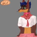  1:1 anthro blue_hair bottomwear canid canine clothed clothing collar digital_drawing_(artwork) digital_media_(artwork) fox fur green_eyes grey_background hair hi_res littlecherryfox looking_away male mammal multicolored_body pink_bottomwear pink_clothing pink_collar pink_skirt simple_background skirt smile solo standing young 