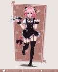  1boy absurdres alternate_costume apron astolfo_(fate) bangs bell black_bow black_dress black_legwear blush bow braid demonx20 deviantart_username dress enmaided eyebrows_visible_through_hair fang fate/apocrypha fate/grand_order fate_(series) frilled_apron frills full_body hair_between_eyes hair_bow hair_intakes highres long_hair long_sleeves looking_at_viewer maid maid_apron maid_headdress male_focus multicolored_hair open_mouth otoko_no_ko pink_hair puffy_sleeves purple_eyes short_dress sidelocks single_braid skin_fang smile solo standing standing_on_one_leg streaked_hair thighhighs tumblr_username twitter_username white_apron white_bow white_hair wrist_cuffs 