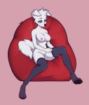  bean_bag black_nose breasts canid canine canis clothing domestic_dog dressing female feral floppy_ears fur green_eyes hi_res legwear lucy_(felicity_longis) mammal nipples pink_flesh simple_background solo stockings tom_ree white_body white_fur 