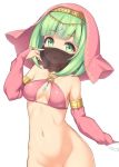  1girl bangs blunt_bangs bottomless breasts detached_sleeves diadem eyebrows_visible_through_hair green_eyes green_hair hand_up head_tilt long_sleeves looking_at_viewer medium_breasts navel original out-of-frame_censoring parted_lips pink_bikini_top sasaame simple_background solo veil white_background 