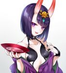  1girl alcohol bangs bare_shoulders blush bob_cut breasts bridal_gauntlets collarbone cup eyeliner fangs fate/grand_order fate_(series) gradient gradient_background headpiece highres horns japanese_clothes kanon_(ikamiso) kimono long_sleeves looking_at_viewer makeup off_shoulder oni oni_horns open_mouth purple_eyes purple_hair purple_kimono revealing_clothes sakazuki sake short_eyebrows short_hair shuten_douji_(fate/grand_order) skin-covered_horns small_breasts smile solo wide_sleeves 