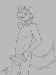  anthro canid canine canis fluffy fluffy_tail genitals hi_res line_art male mammal monochrome nude penis pose shadonk skinny solo wolf 