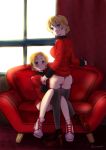  2girls :p absurdres ass backlighting bangs black_footwear black_legwear black_panties blonde_hair blue_eyes blush boots braid closed_mouth commentary couch cross-laced_footwear darjeeling_(girls_und_panzer) epaulettes eyebrows_visible_through_hair from_behind girls_und_panzer high_heel_boots high_heels highres holding_hands indoors itsumip jacket knee_up light_frown long_sleeves looking_at_viewer looking_back military military_uniform multiple_girls no_pants no_socks on_couch orange_hair orange_pekoe_(girls_und_panzer) panties parted_bangs pink_panties red_jacket red_theme short_hair sitting smile st._gloriana&#039;s_military_uniform standing sweatdrop thighhighs thong tied_hair tongue tongue_out twin_braids twitter_username underwear uniform white_footwear window 