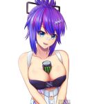  1girl bandaid bandaid_on_nose bare_shoulders between_breasts blue_eyes breasts can collarbone english_commentary hair_ornament hairclip highres looking_at_viewer medium_hair melody_(projektmelody) monster_energy neho-kun open_mouth projektmelody purple_hair revealing_clothes simple_background skindentation sleeveless smile solo upper_body white_background 