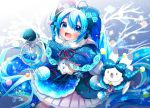  1girl :d absurdres ahoge animal blue_bow blue_capelet blue_eyes blue_hair blue_mittens blush bow bunny capelet commentary fang fur-trimmed_mittens fur_trim hair_bow hatsune_miku highres holding huge_filesize kneehighs long_hair long_sleeves looking_at_viewer mittens open_mouth pleated_skirt rabbit_yukine red_ribbon ribbon shirayuki_towa shirt skirt smile snowflakes star striped striped_legwear striped_shirt twintails vertical-striped_legwear vertical-striped_shirt vertical_stripes very_long_hair vocaloid white_legwear white_shirt white_skirt yuki_miku 