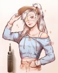  1girl artist_name blue_sweater bra bra_strap clivenzu closed_mouth commentary cowboy_shot english_commentary eyepatch fingernails graphite_(medium) hand_in_pocket hand_on_headwear hand_up high_ponytail highres looking_at_viewer mechanical_pencil medical_eyepatch mixed_media navel one_eye_covered original pencil photo ponytail purple_eyes smile solo sweater traditional_media twitter_username underwear visor_cap white_bra white_hair 