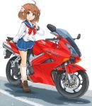  1girl ahoge bakuon!! bangs blouse blue_eyes blue_skirt bow bowtie brown_footwear brown_hair closed_mouth commentary_request eyebrows_visible_through_hair ground_vehicle hair_ornament hand_on_own_chest highres honda honda_vfr jewelry loafers logo long_sleeves looking_at_viewer loose_socks mikeran_(mikelan) miniskirt motor_vehicle motorcycle partial_commentary pleated_skirt red_neckwear ring road sakura_hane school_uniform serafuku shadow shoes short_hair single_horizontal_stripe skirt smile solo standing white_background white_blouse white_legwear wing_hair_ornament 