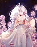  1girl bare_shoulders clivenzu closed_mouth commentary dress english_commentary eyepatch fingernails flower highres long_hair looking_at_viewer medical_eyepatch original purple_eyes purple_flower purple_rose rose sitting smile solo white_dress white_hair white_nails 