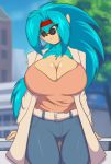  anthro bandanna belt bottomwear breasts christina_hodgeson city_background cleavage clothed clothing eulipotyphlan eyewear female glasses hair hedgehog hi_res jacket jeans long_hair mammal mastergodai pants shirt solo sunglasses tank_top topwear 