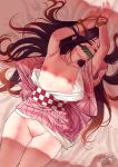  1girl arms_up bamboo bed_sheet bit_gag blush bound bound_wrists brown_hair checkered_obi dappled_sunlight flat_chest gag half-closed_eyes japanese_clothes kamado_nezuko kimetsu_no_yaiba kimono looking_at_viewer lying messy_hair multicolored_hair nipples no_bra no_panties nose_blush off-shoulder_kimono on_back one_eye_closed pink_eyes pink_kimono pussy rope solo sunlight two-tone_hair uncensored zefrableu 