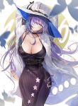  1girl animal_print arms_up belt blue_hair blurry breasts butterfly_print choker cleavage depth_of_field dress girls_frontline ha9na hair_over_one_eye hat head_tilt highres jacket large_breasts long_hair red_eyes solo star star_print white_headwear zb-26_(girls_frontline) zipper 