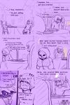  2:3 alternate_universe blush bodily_fluids bone bottomwear bulge clothing comic comic_(under(her)tail) english_text female furniture glowing glowing_eyes hi_res hoodie human humanoid male mammal profanity protagonist_(tas) sans_(undertale) sitting skeleton skirt sweat table text thewill topwear under(her)tail undertale video_games 