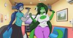  anthro belt bottomwear breasts cleavage clothed clothing duo female fur green_body green_fur green_hair hair hand_holding hawke_(mastergodai) inside karaoke long_hair male male/female mastergodai microphone pants shirt topwear 