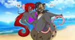  anthro beach bikini blue_eyes blush breasts cleavage clothed clothing cloud duo female female/female hair long_hair long_tail mammal mastergodai mouse murid murine pickup_(disambiguation) red_hair rodent ruby_fields sand sea seaside sky speech_bubble spots surprise swimwear teeth text water 