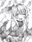  &gt;_o 1girl :d animal_ears bunny_ears greyscale hands_up highres hololive japanese_clothes kimono looking_at_viewer monochrome nanashi_(nlo74593630) obi one_eye_closed open_mouth round_teeth sash short_hair smile solo symbol_in_eye teeth twintails upper_teeth usada_pekora virtual_youtuber 